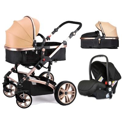 Teknum 3In1 Pram Stroller | Sleeping Bassinet | Extra Wide Seat | Wide Canopy | 360° Rotating Wheels | Fully Reclinable | Car Seat Compatible | Coffee Holder | Spill Proof Mat | Newborn Baby | 0 - 3 Years | Khaki + Infant Car Seat